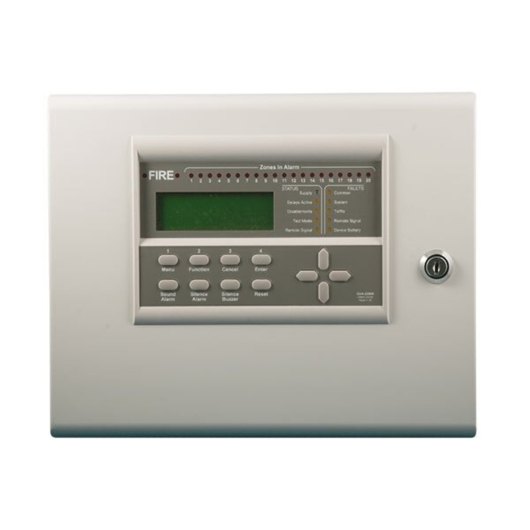 front view of zerio plus 20 zone control panel showing buttons, display screen and indicator lights