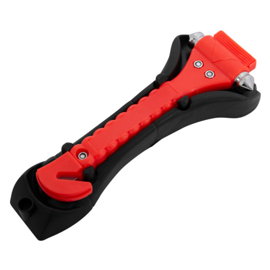 Emergency hammer angled in a black bracket showing the red handle and metal tips