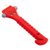 Red emergency hammer shown at an angled view with a textured handle and pointed metal tip