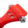 Close up of the red emergency hammer showing the pointed metal tip and textured handle grip