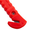 Close up of the seat belt cutter on a red emergency hammer showing the blade and handle detail