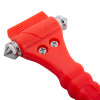 Close up of the red emergency hammer head showing metal tips and part of the handle
