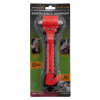 Red emergency hammer shown from the front in its original plastic and cardboard packaging