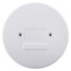 Front view of the aico product showing a round white surface with mounting holes and warning label
