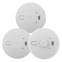 Three Ei-branded round alarms with central circular housings, including a heat alarm with a distinctive vented centre.