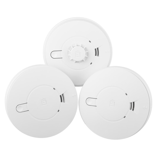 aico mains powered 2 smoke alarms and 1 heat alarm alkaline battery backup shown in a group view