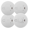 Four Ei-branded circular alarms arranged in a grid, three smoke alarms and one heat alarm with a central sensor.
