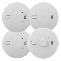 Four Ei-branded circular alarms arranged in a grid, three smoke alarms and one heat alarm with a central sensor.
