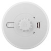 Front view of aico mains powered heat alarm alkaline battery backup showing circular white device with central sensor and indicator slots