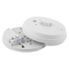aico mains powered heat alarm alkaline battery backup shown separated into two parts with white round casing