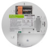 Back view of aico mains powered optical smoke alarm alkaline battery showing battery and label details