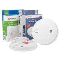 ei mains powered with ei168rc radio interlink showing device base and packaging boxes on a white background