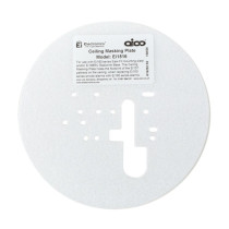 White circular Ei1516 Ceiling Masking Plate Front With Label showing cutouts and printed product information label
