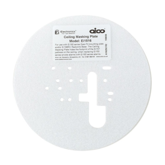 White circular Ei1516 Ceiling Masking Plate Front With Label showing cutouts and printed product information label