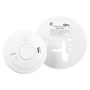 aico replacement for ei151 mains powered smoke alarm shown from the front with a round white base plate beside it