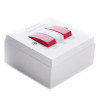 Angled view of a 230v remote locate silence and test control switch with red and white buttons on a white base