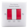 Front view of 230v remote locate silence and test control switch showing red and white alarm buttons with labels