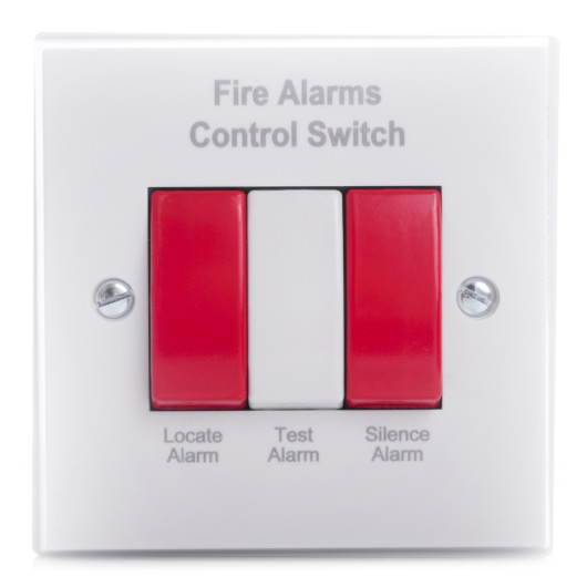 Front view of 230v remote locate silence and test control switch showing red and white alarm buttons with labels