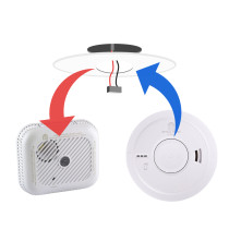 Replacement mains powered smoke alarm shown from the front with arrows indicating connection points and wiring