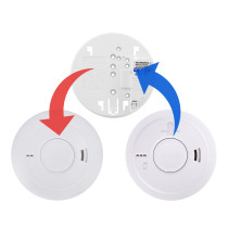 replacement mains powered smoke alarm showing front view with buttons and vents on white background
