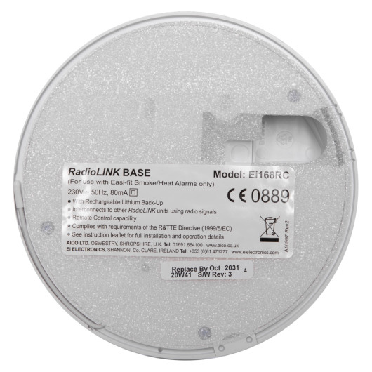 Back view of mains rf base showing label with model, specifications, and compliance information