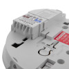 Close-up of the mains rf base showing connection points and warning label on the device