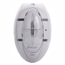 Front view of the radio interlinked strobe and vibration pad showing the clear cover and test button