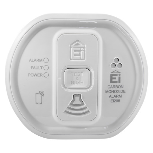 Front view of a 10yr carbon monoxide alarm long life lithium battery with buttons and indicator lights visible