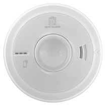 Front view of aico mains powered heat alarm self charging 10yr battery backup showing circular white design and central button