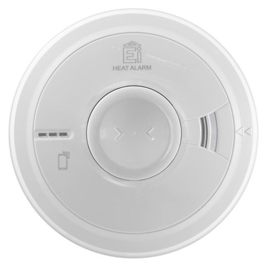 Front view of aico mains powered heat alarm self charging 10yr battery backup showing circular white design and central button