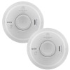 Two round white Aico Ei3000 Series alarms, featuring circular test buttons and distinct vented sensor areas for smoke and heat detection.