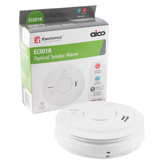 Ei3016 Origonal Manufacturer optical smoke alarm with packaging in white and green colors shown from the side