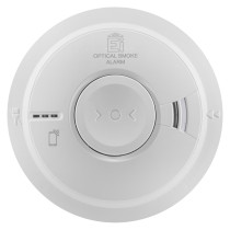 Front view of aico mains powered optical smoke alarm self charging 10 year battery backup in white casing