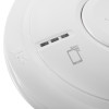 Close-up of indicators on aico mains powered optical smoke alarm self charging 10yr battery backup showing signal and test symbols