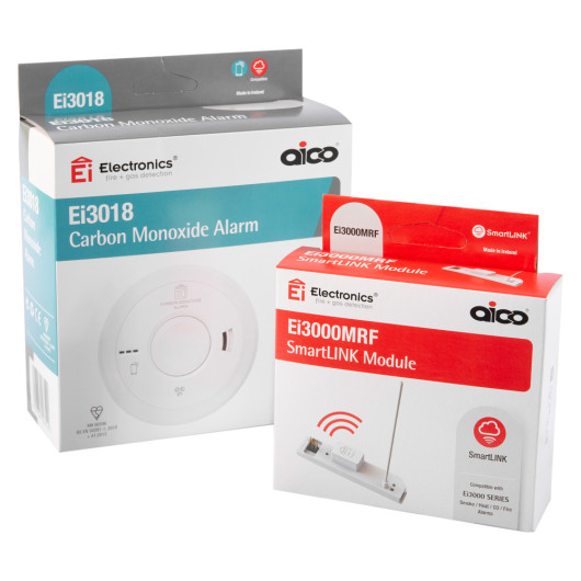 aico mains powered carbon monoxide alarm with ei3000mrf SmartLINK module packaging shown together