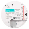 Back view of aico mains powered carbon monoxide alarm showing model and warning labels with technical details