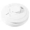 Angled view of aico mains powered combined smoke heat alarm radio interlinked self charging 10 year battery backup in white
