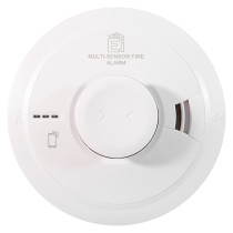 Front view of aico mains powered combined smoke heat alarm radio interlinked self charging with 10 year battery backup