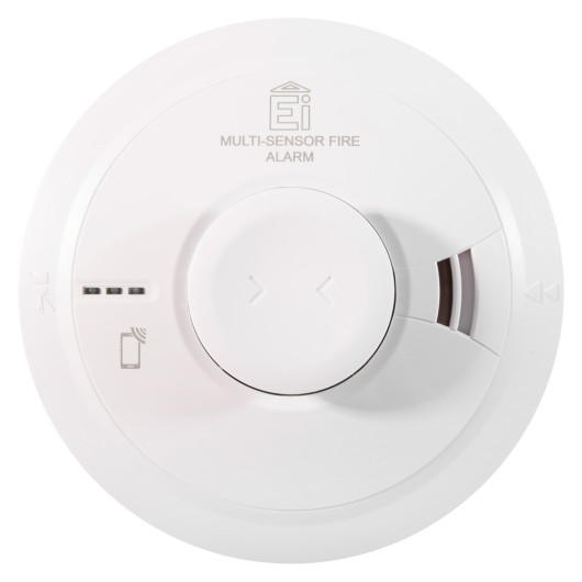 Front view of aico mains powered combined smoke heat alarm radio interlinked self charging with 10 year battery backup
