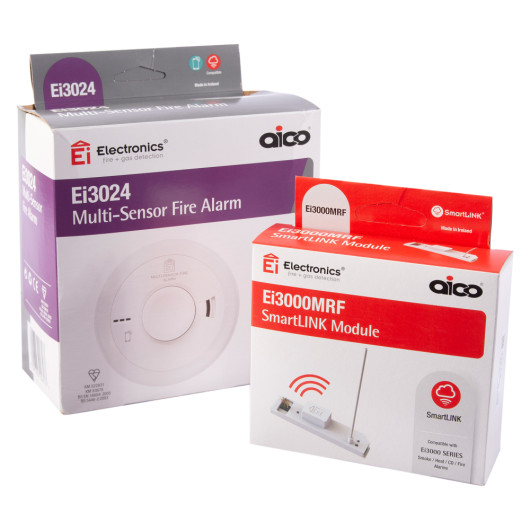 aico mains powered combined smoke heat alarm with ei3000mrf boxes showing product packaging in white and red colors