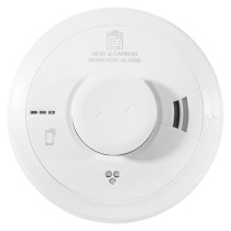 Front view of the aico combined mains powered combined heat carbon monoxide alarm with self charging 10 year battery backup