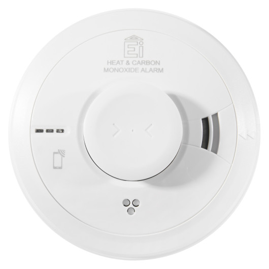 Front view of the aico combined mains powered combined heat carbon monoxide alarm with self charging 10 year battery backup