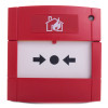 Front view of a red wireless manual call point with a house and flame symbol above arrows pointing to a circle