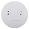 Front view of the aico mains radiolink relay showing a round white casing with two screws and two small holes