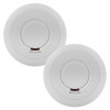Two round white Ei wireless RF smoke and heat alarms with minimalistic circular designs and central test buttons.