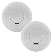Two round white Ei wireless RF smoke and heat alarms with minimalistic circular designs and central test buttons.