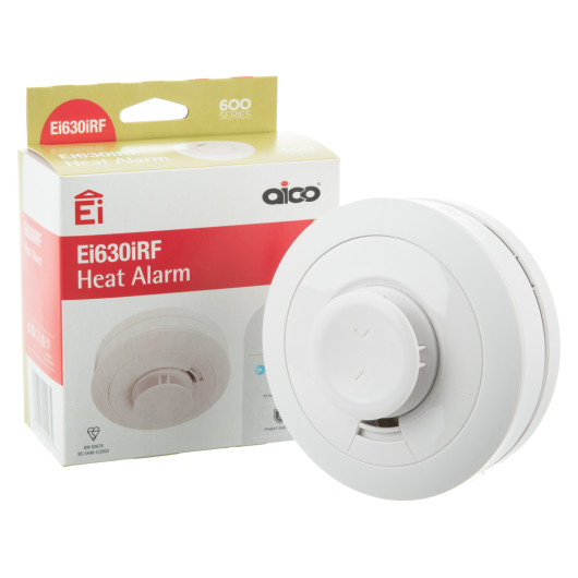 aico heat alarm device shown next to its product box with a red and white design