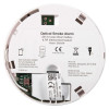 Back view of an optical smoke alarm 10yr longlife showing battery compartment and labels with instructions and certifications