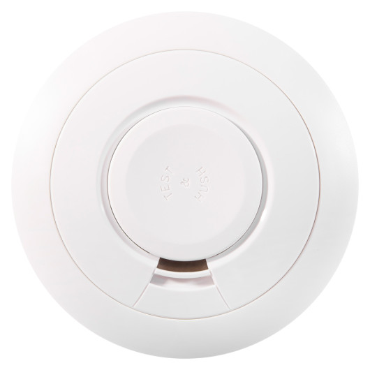 optical smoke alarm 10yr longlife shown from the front with circular white design and test push button visible