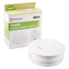 optical smoke alarm 10yr longlife shown outside its box with clear white circular design and packaging behind it